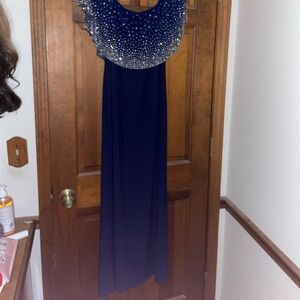 Navy blue prom dress with silver beading